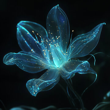 A bioluminescent alien flower with translucent petals, softly glowing in the dark