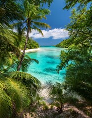 Fototapeta premium oculto en el corazón de una isla tropical, donde el verde follaje se entrelaza con las aguas cristalinas, creando una unión armoniosa entre la tierra y el mar, evocando una sensación de paraíso, reali