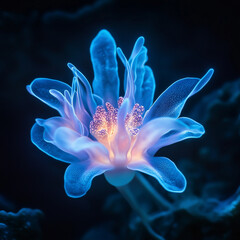 A bioluminescent alien flower with translucent petals, softly glowing in the dark