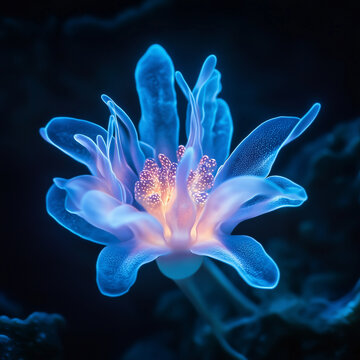 A bioluminescent alien flower with translucent petals, softly glowing in the dark