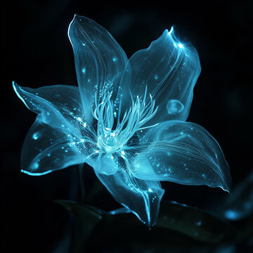 A bioluminescent alien flower with translucent petals, softly glowing in the dark