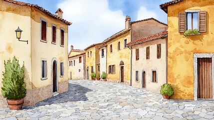 Obraz premium Charming European Village Street Scene Watercolor Painting Idyllic Summer Day Atmosphere