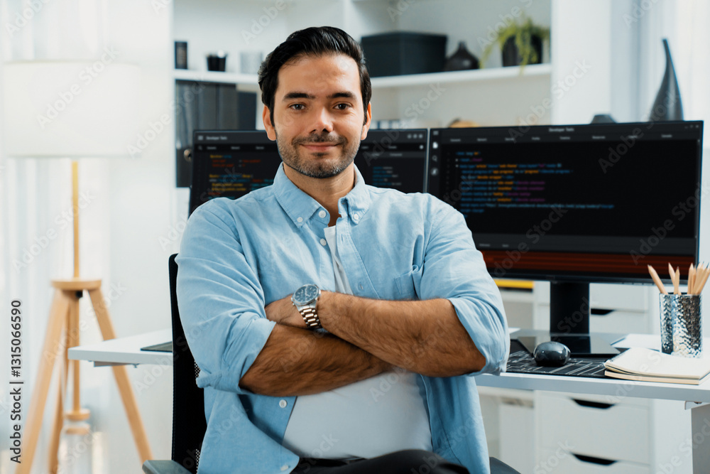 Poster profile's smart it developer looking camera to pose against on software development coding on two pc