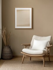 The cozy minimalist living room contains a framed artwork and chair