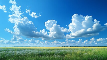 A lush green grass field under a bright blue sky with soft, wispy clouds scattered across the horizon.