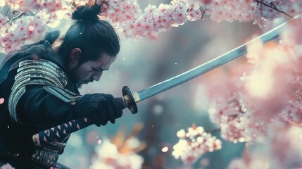 Formidable Samurai Wielding Katana Amidst Cherry Blossoms