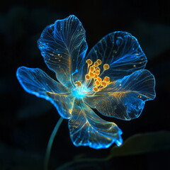 A bioluminescent alien flower with translucent petals, softly glowing in the dark