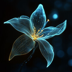 A bioluminescent alien flower with translucent petals, softly glowing in the dark