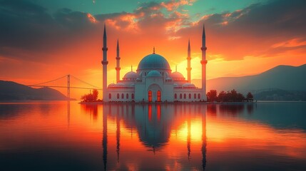 Obraz premium Mosque on an island at sunset, reflected in calm water