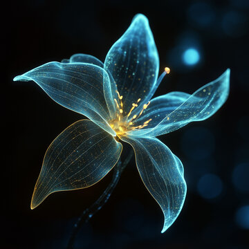 A bioluminescent alien flower with translucent petals, softly glowing in the dark
