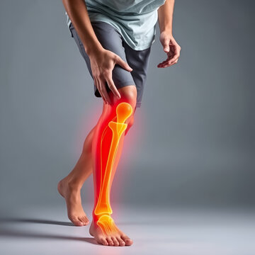 A person limping while holding their knee, with a visual overlay of the pain radiating through the leg.