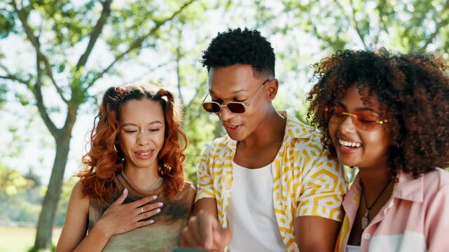 Phone, nature and group of friends in laughing for celebrity gossip with online blog. Happy, social networking and young people with cellphone scrolling media with reaction for funny post outdoor.
