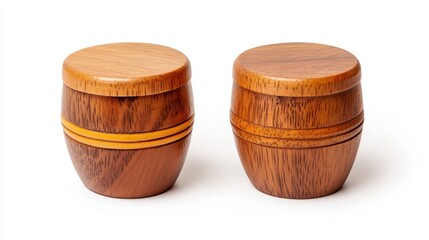 Fototapeta premium Two Small Brown Wooden Barrels on White Background