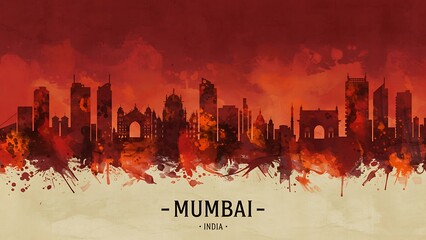 Mumbai India Skyline Artistic Silhouette with Vibrant Colors 