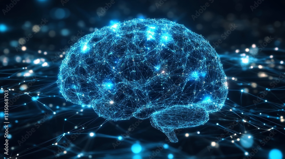 Poster this digital artwork showcases a glowing brain composed of intricate networks and connections, repre