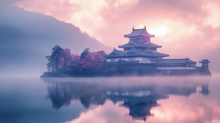 Historic Japanese Castle on Island Surrounded by Mist