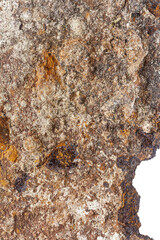 Close up of old piece of rusty iron isolated on white background. Rusty metal surface. Very old piece of sheet metal, rusted through, with holes and ragged edges.