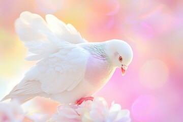 Fototapeta premium Elegant white dove perched on soft pastel clouds, symbolizing peace and tranquility, perfect for serene backgrounds.