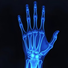 An X-ray image of a human hand, displaying intricate bone structures, joints, and finger phalanges with a glowing blue effect.