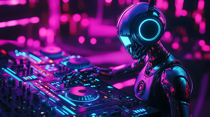 A futuristic AI DJ remixing classic songs with advanced algorithms.