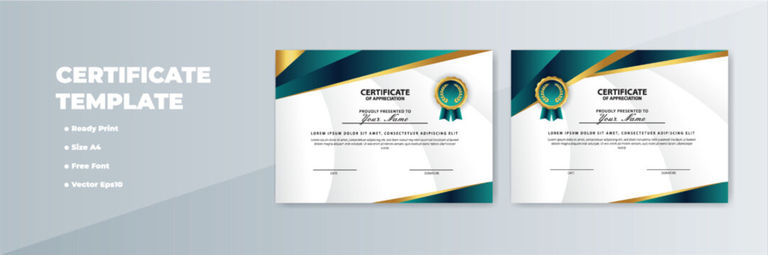Teal-gold certificate template design; A4 print; grey background