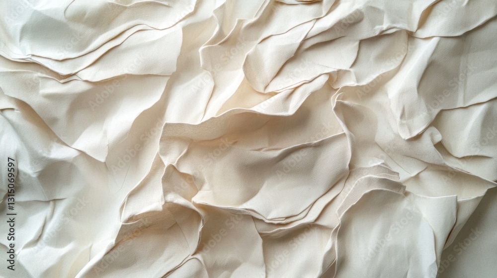 Poster Cream-colored fabric cascades in delicate, layered folds, creating an elegant texture that plays with light and shadow, evoking a sense of calm serenity and softness