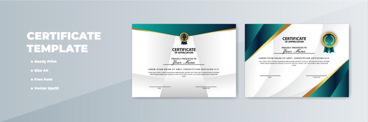 Teal-gold certificate template design, A4 print-ready, background grey