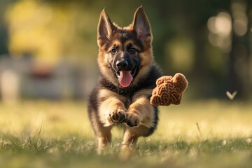 Joyful German Shepherd Pup Having Fun with a Toy in the Yard