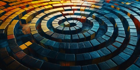 Fototapeta premium A mesmerizing top-down view of a colorful spiral pattern made of wooden blocks, showcasing intricate textures, shadows, and vibrant hues, perfect for art projects.