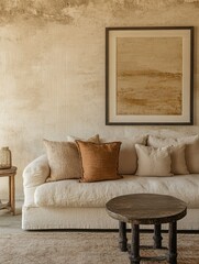 A sofa surrounded by pillows and a decorative framed painting