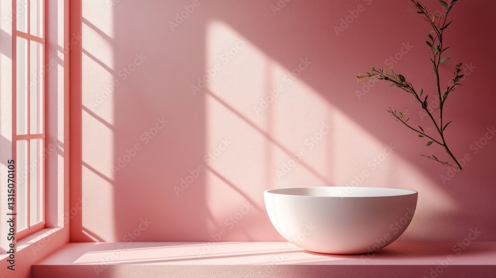 Poster soft pink walls create a calming atmosphere where a white bowl rests peacefully, illuminated by gent
