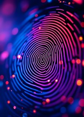 Detailed fingerprint scan with neon glow highlighting biometric security technology