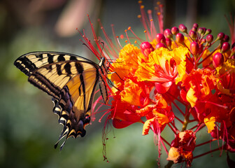 Beautiful swallowtail Butterfly on an orange Mexican bird of paradise plant.  