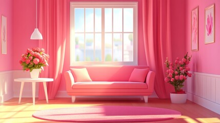 Pink living room with sofa, flowers, and window.