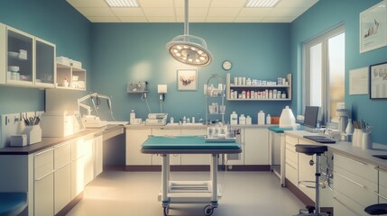 Veterinary Clinic Setup: Medical Table, Illuminating Lamps, and Essential Equipment in a Modern Vet Office