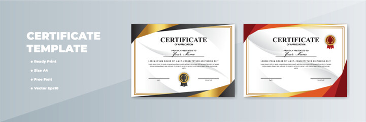 Obraz premium Two A4 certificate templates; gold, red design; gray background; printable