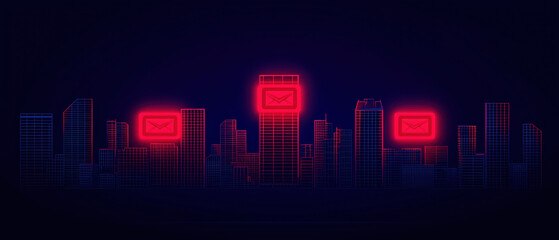 Scammers and Cybercrime Protecting Online Security, Futuristic skyline with red scam alerts glowing