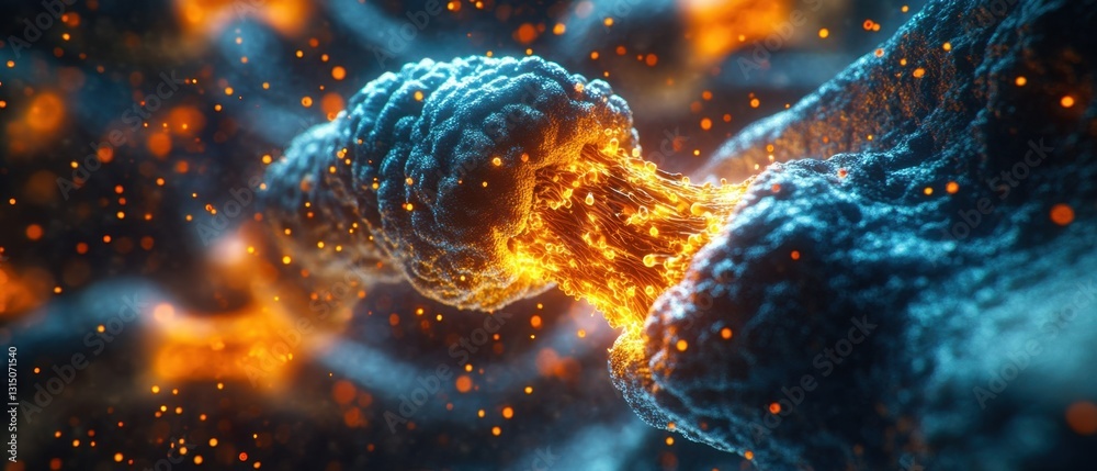 Poster microscopic view of molecular connection with glowing particles and blue background for science and 
