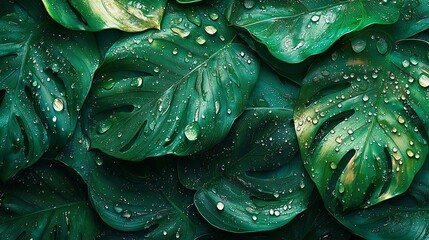 Fototapeta premium Monstera Leaf with Water Droplets Fresh Green Botanical Background