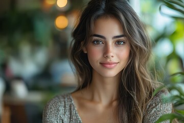 Obraz premium Young woman with beautiful hair smiles gently while indoors during the daytime