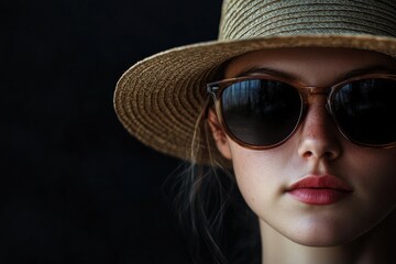 Fototapeta premium A woman wearing sunglasses and a straw hat portrait