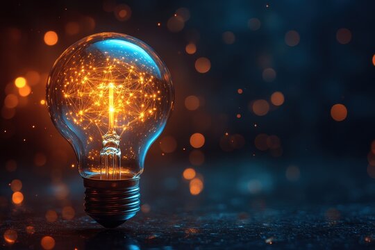 Light bulb with glowing network inside creates bright abstract energy