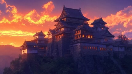 Fototapeta premium Japanese Castle on a Hill During Golden Hour