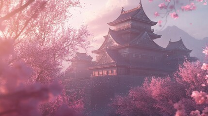 Fototapeta premium Japanese Castle Shrouded in Pink Cherry Blossoms