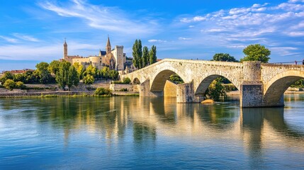 Fototapeta premium Iconic View of Saint Benezet Bridge in Avignon on a Sunny Summer Day - A Popular Sightseeing Gem in Vaucluse, France