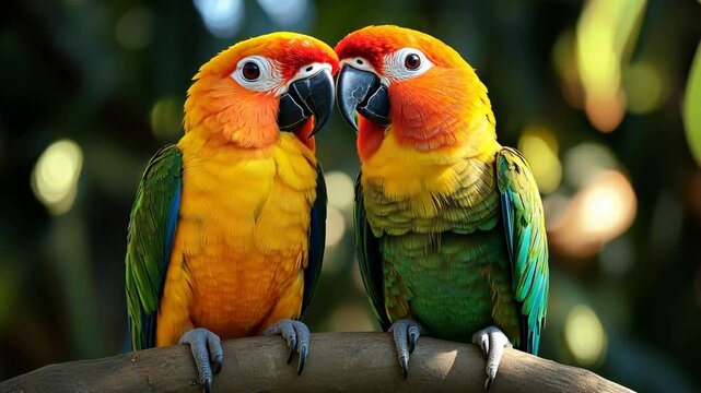Two vibrant sun conure parrots perched on a branch in lush greenery, a couple