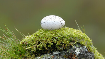 Speckled bird egg on mossy rock, blurred green background, nature photography, ideal for spring or environmental themes