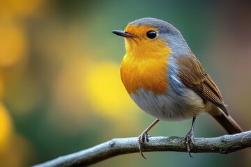 Fototapeta premium European robin perches on a branch during the day with soft green and yellow hues in the background