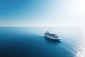 majestic cruise liner glides across open ocean under clear blue sky its white hull contrasting against deep azure water