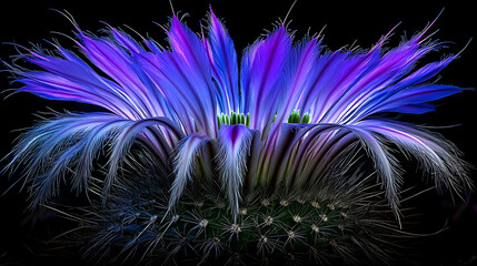 Vibrant purple cactus blossom, close-up studio shot, dark background, nature photography, ideal for botanical prints